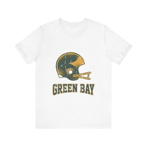 T-shirt de football américain vintage Green Bay avec casque universitaire, style rétro, vêtement unisexe pour supporters, cadeau sportif image 1
