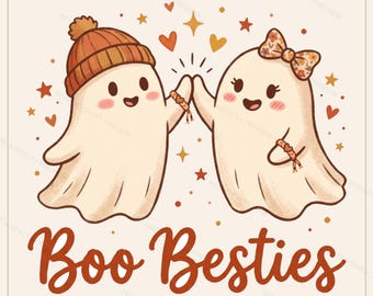 Puede incluir: Una ilustración gráfica de dos fantasmas blancos chocando las manos, con el texto Boo Besties debajo. Un fantasma lleva un gorro naranja, el otro un lazo floral. Ambos llevan pulseras de la amistad a juego, rodeados de corazones y estrellas.