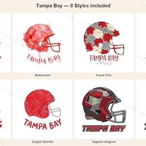 Paquete de imágenes PNG del casco de los Tampa Bay Buccaneers, 8 estilos para aficionados al fútbol americano, diseños para sublimación y DTF, descarga instantánea. imagen 1