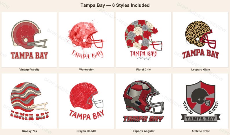 Paquete de imágenes PNG del casco de los Tampa Bay Buccaneers, 8 estilos para aficionados al fútbol americano, diseños para sublimación y DTF, descarga instantánea. imagen 1