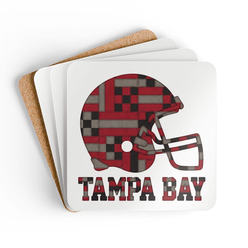 Tampa Bay Patchwork Football Helmet Cork Coaster, Fan Drink Coaster, Home Bar Decor, Sports Gift image 2