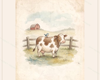 Puede incluir: Una ilustración en acuarela sobre papel envejecido que muestra una vaca marrón y blanca en un campo de hierba. Un pequeño pájaro azul está posado sobre el lomo de la vaca. Una valla de madera rodea el campo y un granero rojo al fondo.