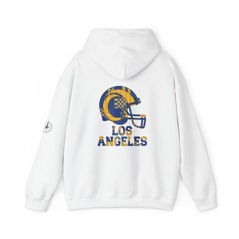 Los Angeles Blue & Gold Football Patchwork Helmet Hooded Sweatshirt, Game Day Hoodie, Fan Pullover Gift image 5