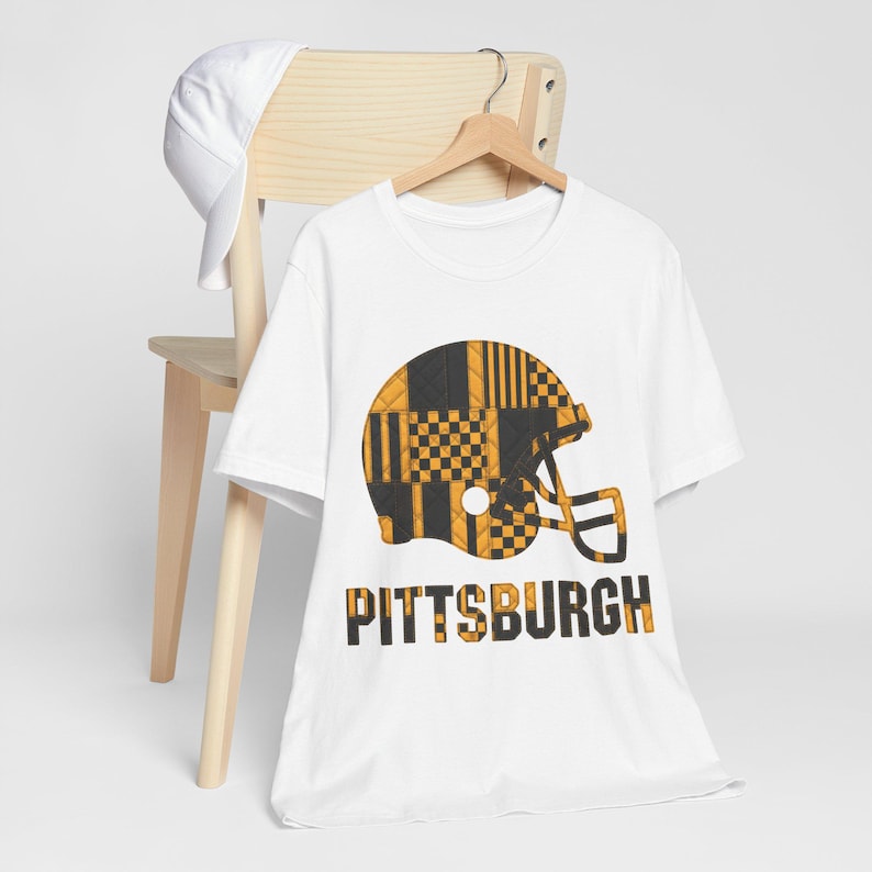 Pittsburgh Steelers Game Day T-Shirt, Patchwork Helmet Football Fan Tee, Vintage Style Sports Shirt image 1