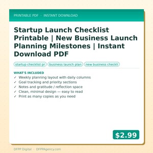 Könnte beinhalten: Grafik zum digitalen Download mit einem türkis-weißen Design. Der Text lautet "Startup Launch Checklist Printable | New Business Launch Planning Milestones | Instant Download PDF." Enthält eine Liste von Funktionen.