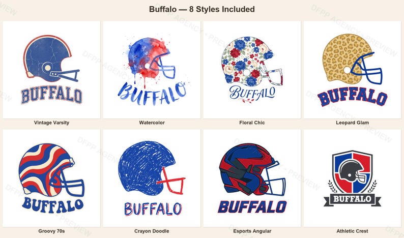 Buffalo Football Sublimation Bundle, 8 PNG Helmet Designs, Game Day Shirt Clipart, Digital Download image 1
