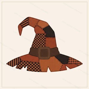 May include: A pointed hat featuring a patchwork design in shades of orange, brown, and black. The hat displays various patterns including checkers, vertical stripes, and solid blocks. A dark brown band with a square buckle encircles the base.