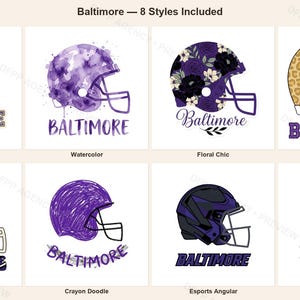 Baltimore Helmet PNG Bundle, 8 Football Fan Styles, Sublimation and DTF Designs, Instant Download image 1