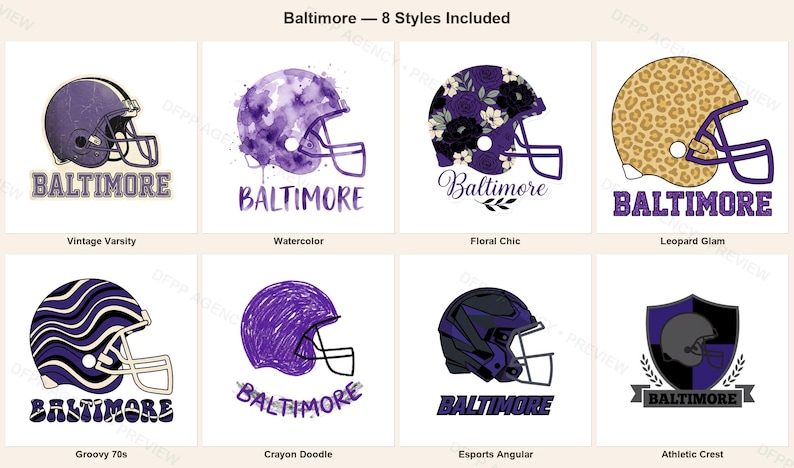 Baltimore Helmet PNG Bundle, 8 Football Fan Styles, Sublimation and DTF Designs, Instant Download image 1
