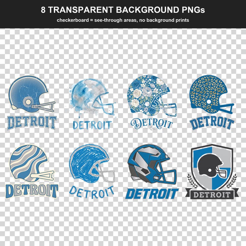 Paquete de sublimación de los Detroit Lions de fútbol americano, 8 diseños de cascos en formato PNG, imágenes prediseñadas para camisetas de día de partido, descarga digital. imagen 2