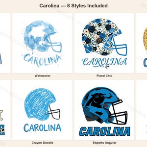 Paquete de sublimación de Carolina Football, 8 diseños de cascos en formato PNG, imágenes prediseñadas para camisetas de día de partido, descarga digital. imagen 1