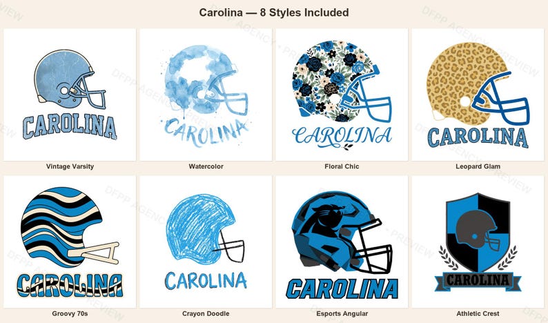 Paquete de sublimación de Carolina Football, 8 diseños de cascos en formato PNG, imágenes prediseñadas para camisetas de día de partido, descarga digital. imagen 1