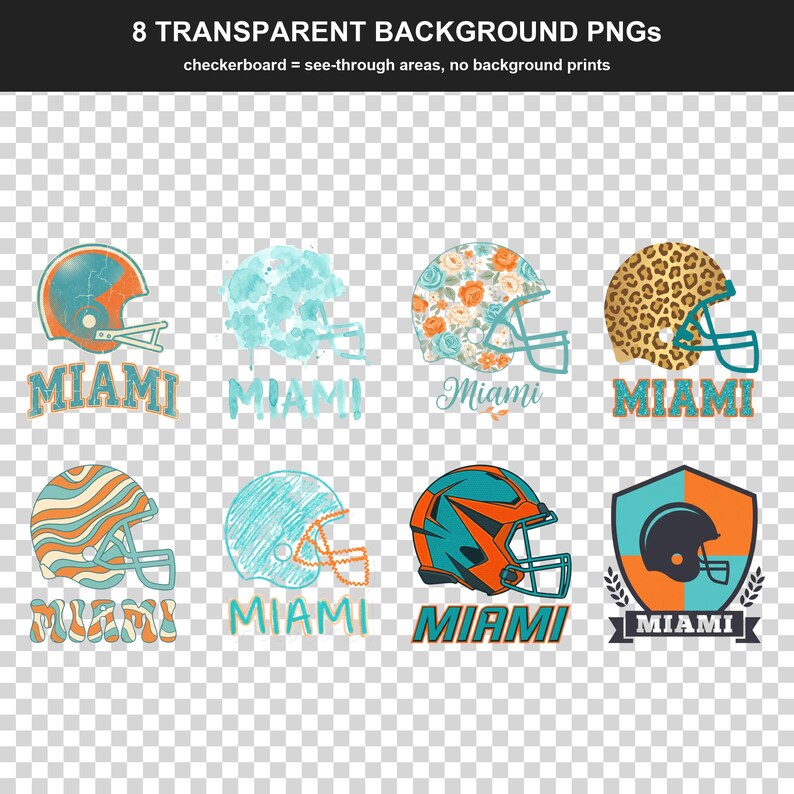 Sublimeringspaket för Miami Football, 8 PNG-hjälmdesigner, Clipart för matchdagströjor, digital nedladdning bild 2