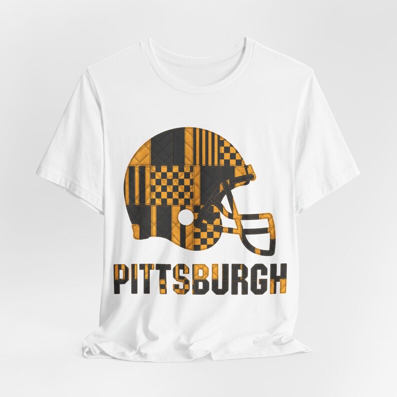 Pittsburgh Steelers Game Day T-Shirt, Patchwork Helmet Football Fan Tee, Vintage Style Sports Shirt image 4