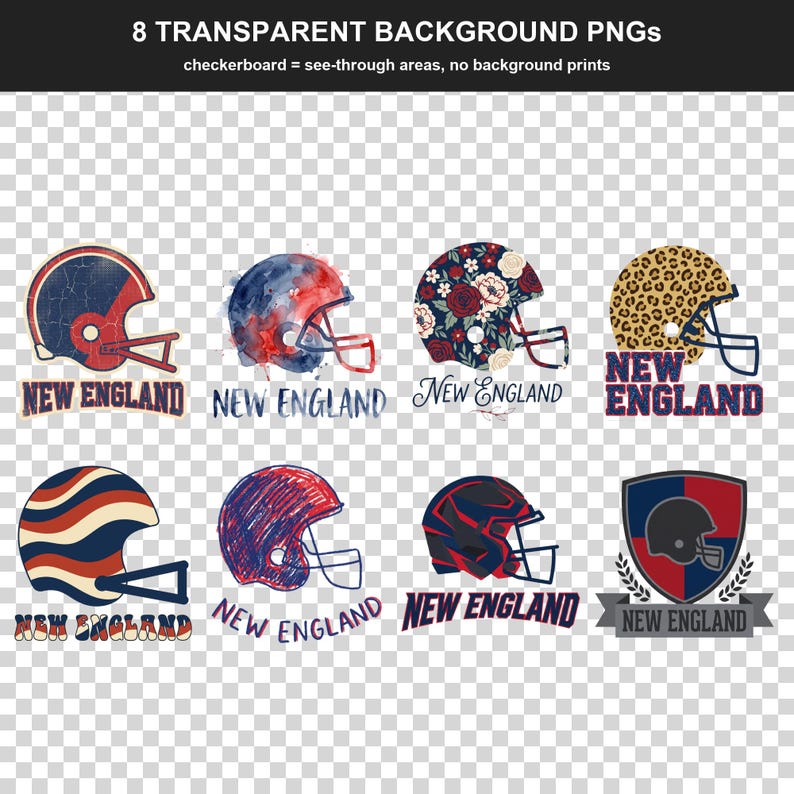 Pacchetto di sublimazione per la squadra di football del New England, 8 disegni PNG per caschi, clipart per magliette da gioco, download digitale. immagine 2