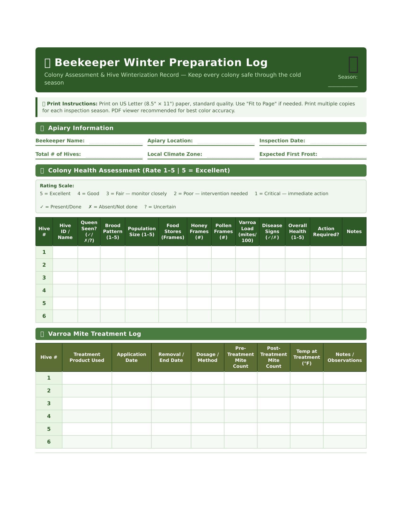 Prep Log Beekeeper Winter Prep Log Printable | Colony Assessment Journal | Hive ...