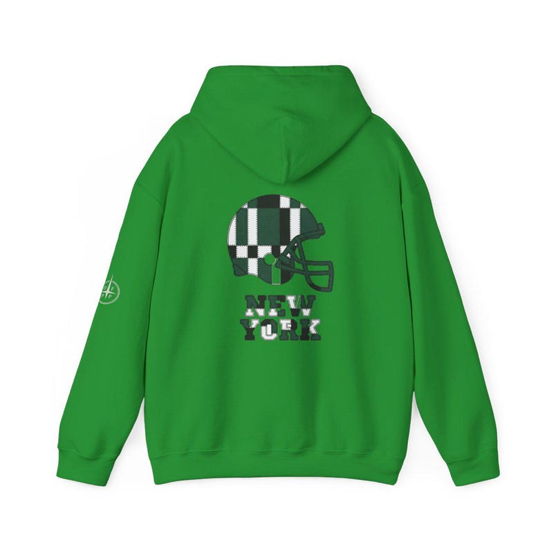 New York Green & White Patchwork Helmet Hoodie, Retro Football Sweatshirt, Game Day Pullover, Fan Hoodie image 7