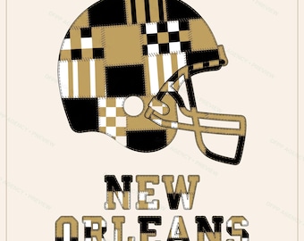 May include: A football helmet featuring a patchwork design of black, gold, and white squares and checkered patterns. Below the helmet, the text NEW ORLEANS is displayed in a bold, block font with the same black, gold, and white patchwork pattern.