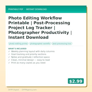 May include: A digital download product with a teal and white design. The text reads "Photo Editing Workflow Printable" and lists features like weekly planning and goal tracking. The price is displayed as $2.99.