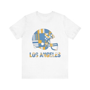 Camiseta de fútbol americano Los Angeles Powder Blue & Gold Patchwork Helmet, camiseta retro para el día del partido, ropa unisex para aficionados, regalo deportivo imagen 2