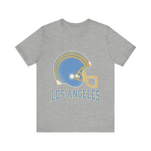 Los Angeles poederblauw en goudkleurig wedstrijdshirt, vintage varsity helm voetbalfanshirt, sportshirt in vintage stijl afbeelding 2