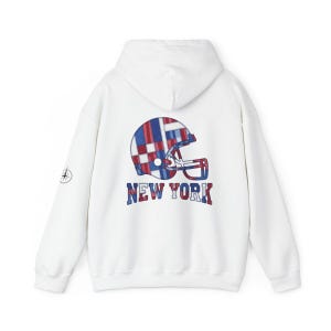 New York Blue & Red Football Patchwork Helmet Hooded Sweatshirt, Game Day Hoodie, Fan Pullover Gift image 5