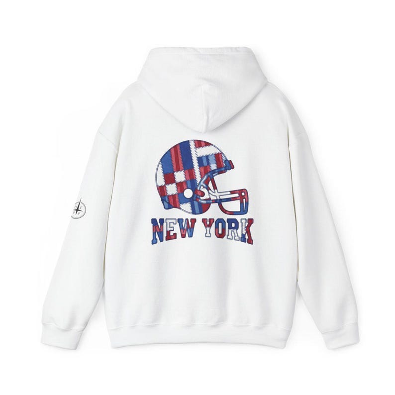 New York Blue & Red Football Patchwork Helmet Hooded Sweatshirt, Game Day Hoodie, Fan Pullover Gift image 5