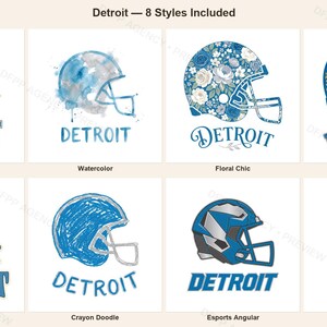 Paquete de sublimación de los Detroit Lions de fútbol americano, 8 diseños de cascos en formato PNG, imágenes prediseñadas para camisetas de día de partido, descarga digital. imagen 1