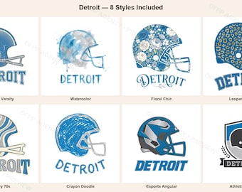 Może przedstawiać: Cyfrowa kolekcja ośmiu wzorów kasków futbolowych Detroit w różnych stylach artystycznych, w tym vintage varsity, akwarela, kwiaty, panterka, faliste linie, rysunek kredką, styl esports oraz sportowy herb z napisem Detroit.