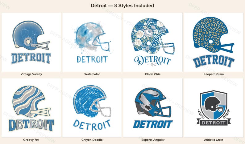 Paquete de sublimación de los Detroit Lions de fútbol americano, 8 diseños de cascos en formato PNG, imágenes prediseñadas para camisetas de día de partido, descarga digital. imagen 1