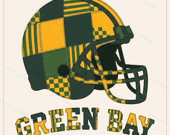 May include: A football helmet featuring a patchwork design of dark green and yellow squares and stripes. The face mask is also patterned in green and yellow. Below the helmet, the text GREEN BAY is written in a blocky, patchwork-style font.