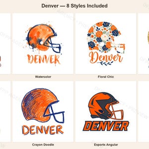 Denver Broncos fotbollssublimeringspaket, 8 PNG-hjälmdesigner, matchdagströja Clipart, digital nedladdning bild 1