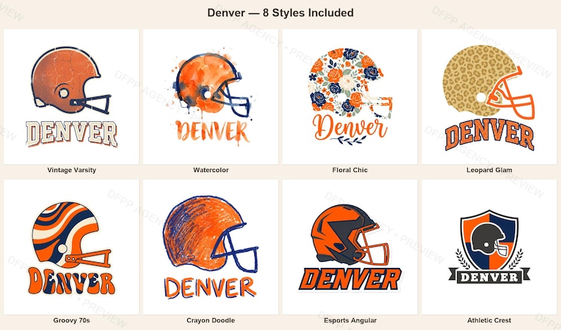 Denver Broncos fotbollssublimeringspaket, 8 PNG-hjälmdesigner, matchdagströja Clipart, digital nedladdning bild 1
