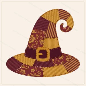 Puede incluir: Un sombrero puntiagudo con un diseño de patchwork de paneles de tela color amarillo mostaza y granate oscuro. El sombrero incluye secciones con patrones florales y rayas diagonales, acentuadas por una banda granate con una hebilla amarilla.