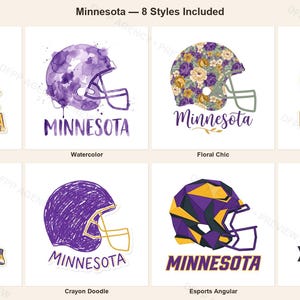 Minnesota Helmet PNG Bundle, 8 Football Fan Styles, Sublimation and DTF Designs, Instant Download image 1