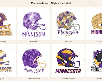 Puede incluir: Una colección de ocho ilustraciones digitales con cascos de fútbol americano y el texto Minnesota. Los diseños incluyen estilo universitario vintage, acuarela morada, floral, estampado de leopardo, rayas onduladas, garabatos, formas geométricas y un escudo.
