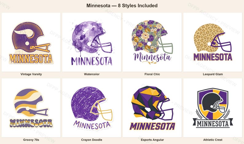 Minnesota Helmet PNG Bundle, 8 Football Fan Styles, Sublimation and DTF Designs, Instant Download image 1