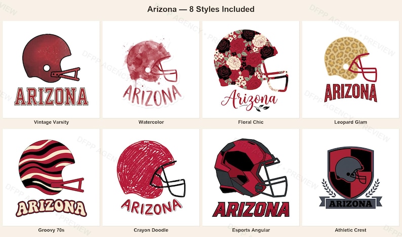 Paquete de imágenes PNG de Arizona Football, 8 diseños de cascos, conjunto de sublimación para el día del partido, descarga digital. imagen 1