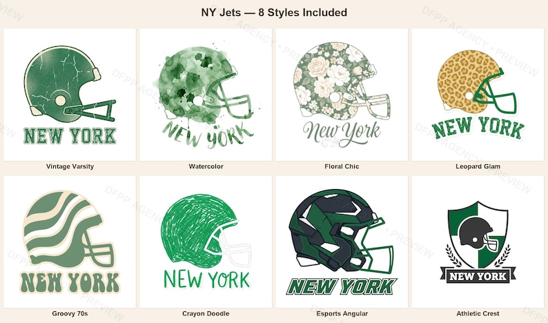 Zestaw do sublimacji New York Green & White Football, 8 wzorów kasków PNG, grafika 3D na koszulce meczowej, pobieranie cyfrowe zdjęcie 1