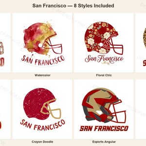 San Francisco Football Sublimation Bundle, 8 PNG Helmet Designs, Game Day Shirt Clipart, Digital Download image 1
