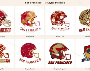 May include: A collection of eight San Francisco football helmet graphic designs featuring various patterns including vintage, watercolour, floral, leopard print, wavy lines, crayon texture, angular shapes, and a crest, all labelled with San Francisco.