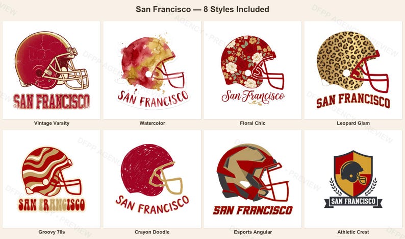 San Francisco Football Sublimation Bundle, 8 PNG Helmet Designs, Game Day Shirt Clipart, Digital Download image 1