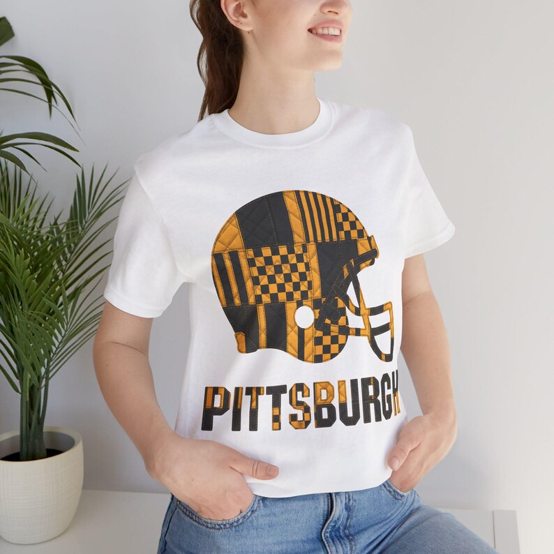 Pittsburgh Steelers Game Day T-Shirt, Patchwork Helmet Football Fan Tee, Vintage Style Sports Shirt image 11