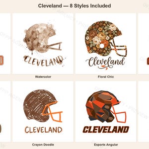 Cleveland Football Sublimation Bundle, 8 PNG Helmet Designs, Game Day Shirt Clipart, Digital Download image 1