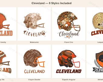 Puede incluir: Una colección de ocho diseños gráficos con cascos de fútbol americano y el texto Cleveland. Los estilos incluyen un casco naranja sólido, acuarela, patrón floral, estampado de leopardo, rayas onduladas, garabato de crayón, geométrico y un escudo.