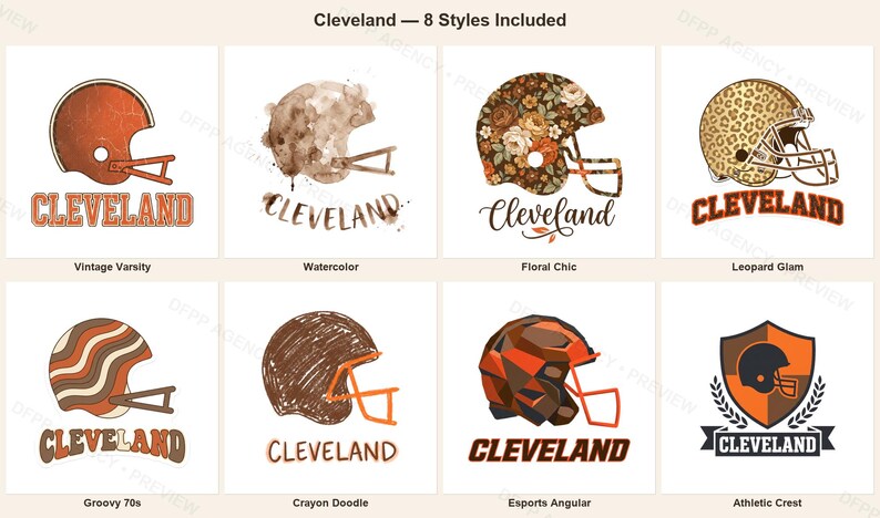 Cleveland Football Sublimation Bundle, 8 PNG Helmet Designs, Game Day Shirt Clipart, Digital Download image 1