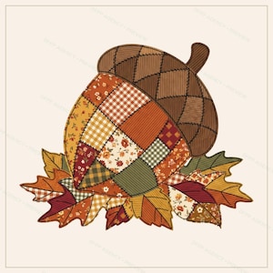 May include: A patchwork acorn illustration featuring a brown cap with a cross-hatched texture and a nut body composed of various fabric patterns in shades of orange, yellow, green, and red, resting on a bed of colorful autumn leaves.