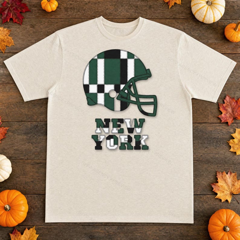 New York Green & White Patchwork Helmet PNG, Football Fan Sublimation, Shirt Clipart, Digital Download image 8