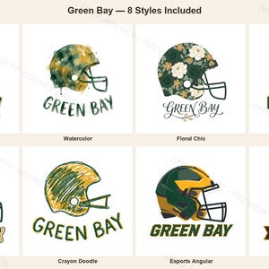Green Bay Football PNG Bundle, 8 Helmet Designs, Game Day Sublimation Set, Digital Download image 1