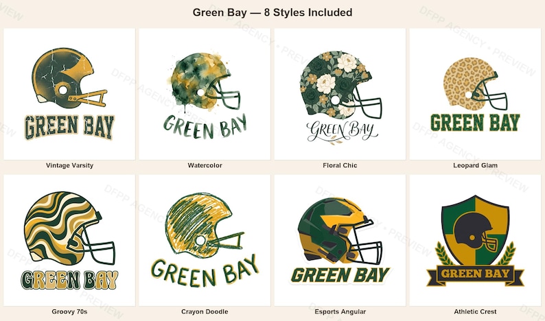 Green Bay Football PNG Bundle, 8 Helmet Designs, Game Day Sublimation Set, Digital Download image 1